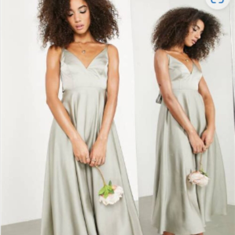 ASOS EDITION satin midi dress with tie back in sage green